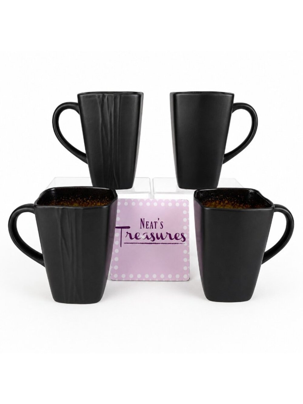 Baum GALAXY JADE Green Inside Lines Brown Sponge Rim Square 14oz Cups Mugs Set 4